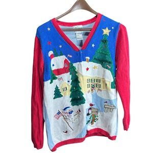 Quaker Factory Women's L Ugly‎ Christmas Sweater V Neck Snowman House Angel USA